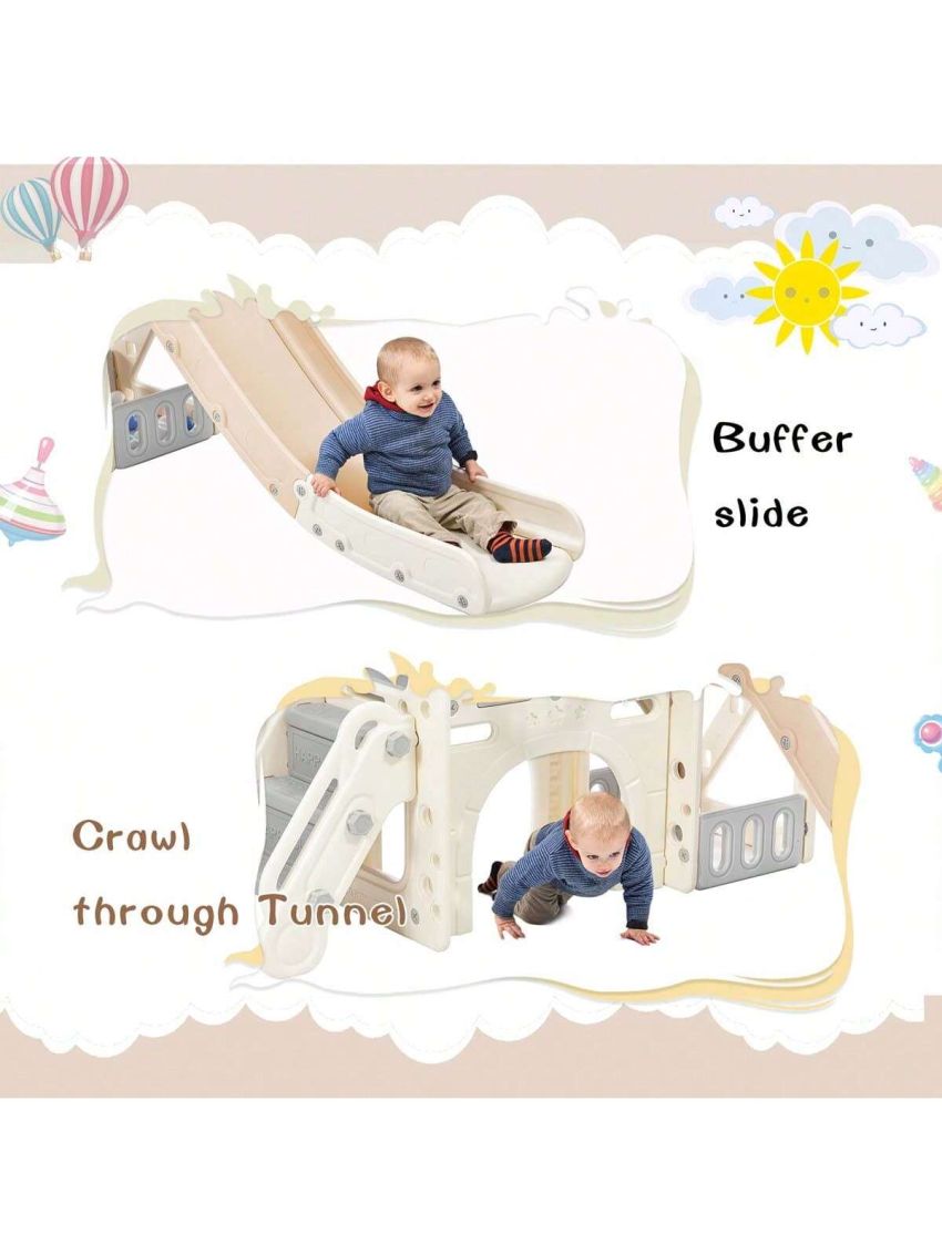 Merax Kids Slide Playset Structure, Freestanding Castle Climbing Crawling Playhouse with Slide, Arch Tunnel, Ring Toss, and Basketball Hoop, Toy Storage Organizer for Toddlers, Kids Climbers Playground