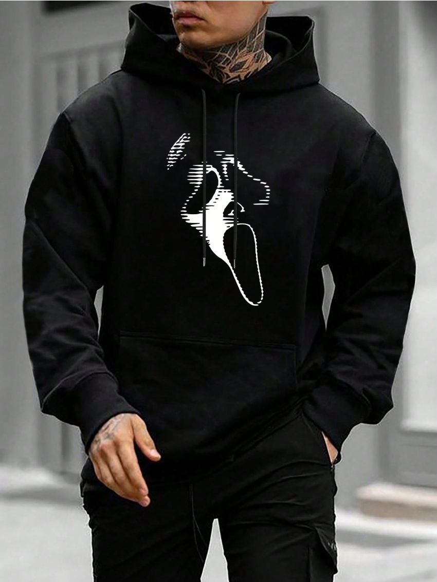 Manfinity LEGND Men'S Plus Size Ghost Face Print Hooded Fleece Sweatshirt With Drawstring