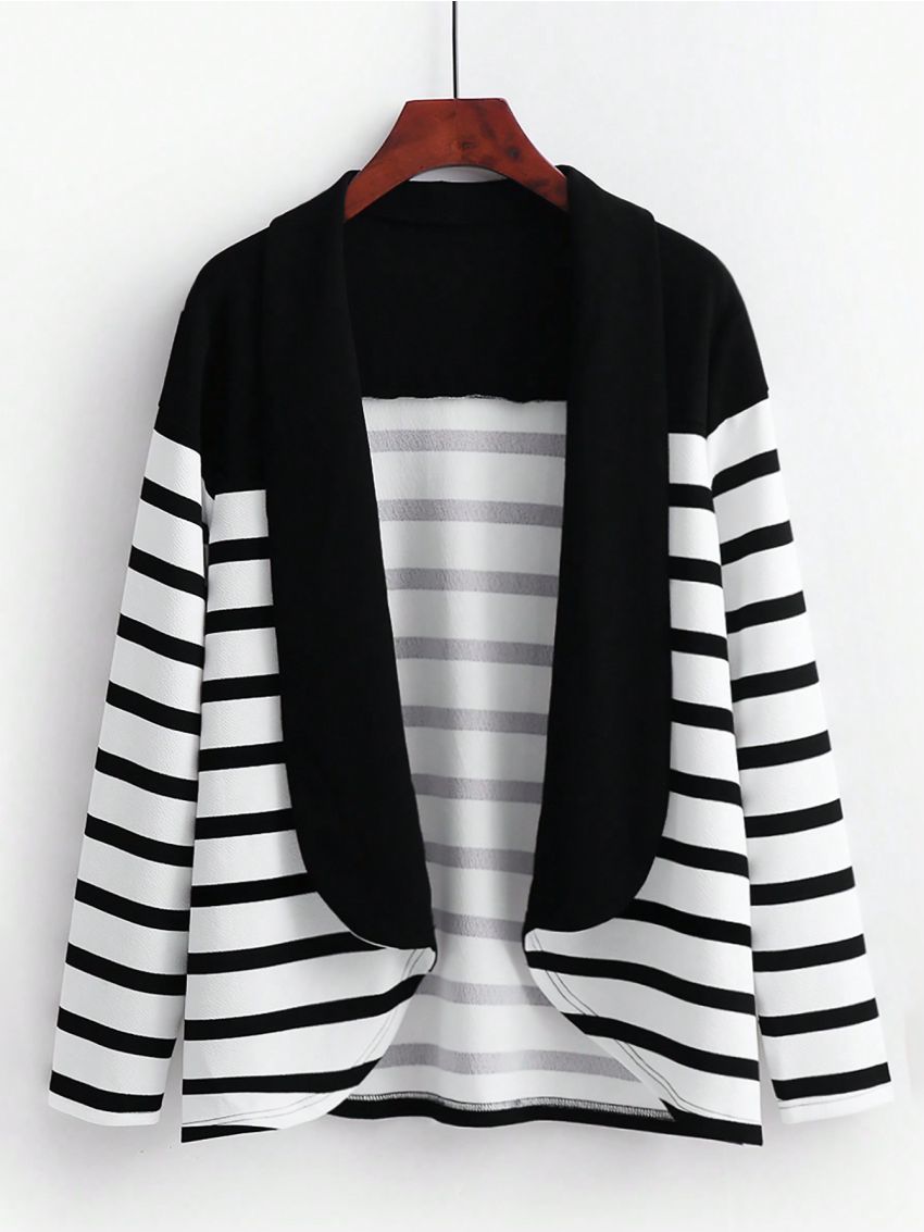 SHEIN LUNE Plus Size Striped Shawl Collar Coat