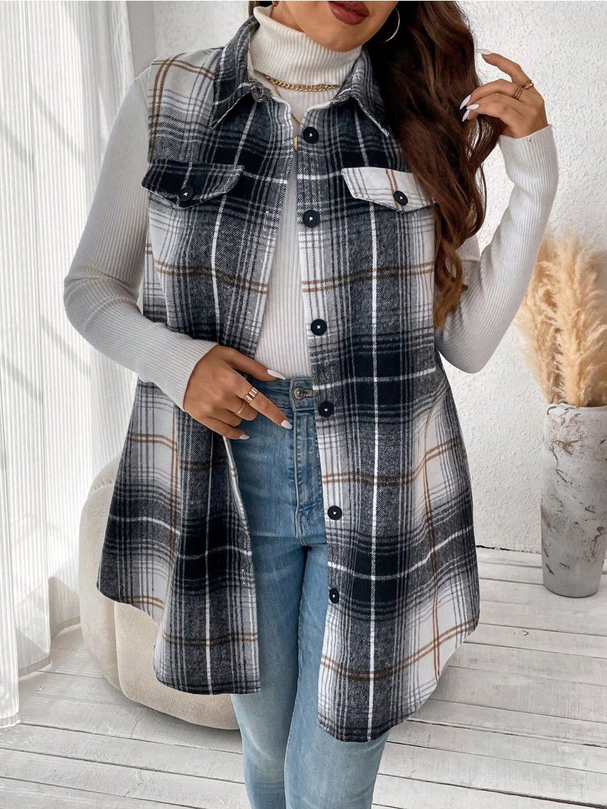 SHEIN Frenchy Plus Plaid Print Flap Detail Vest Overcoat