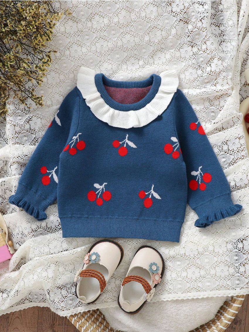 Baby Girl Cherry Pattern Ruffle Sweater