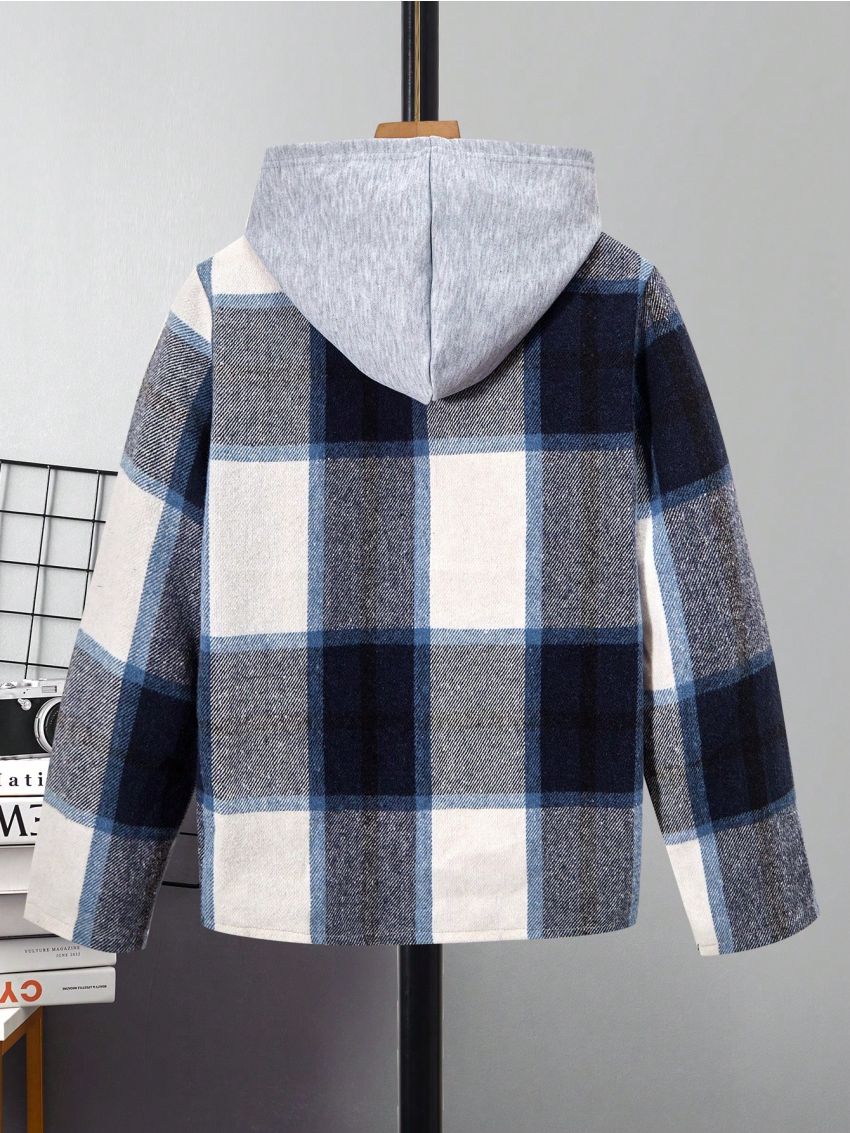 Tween Boy Plaid Print Flap Pocket Hooded Coat Without Tee