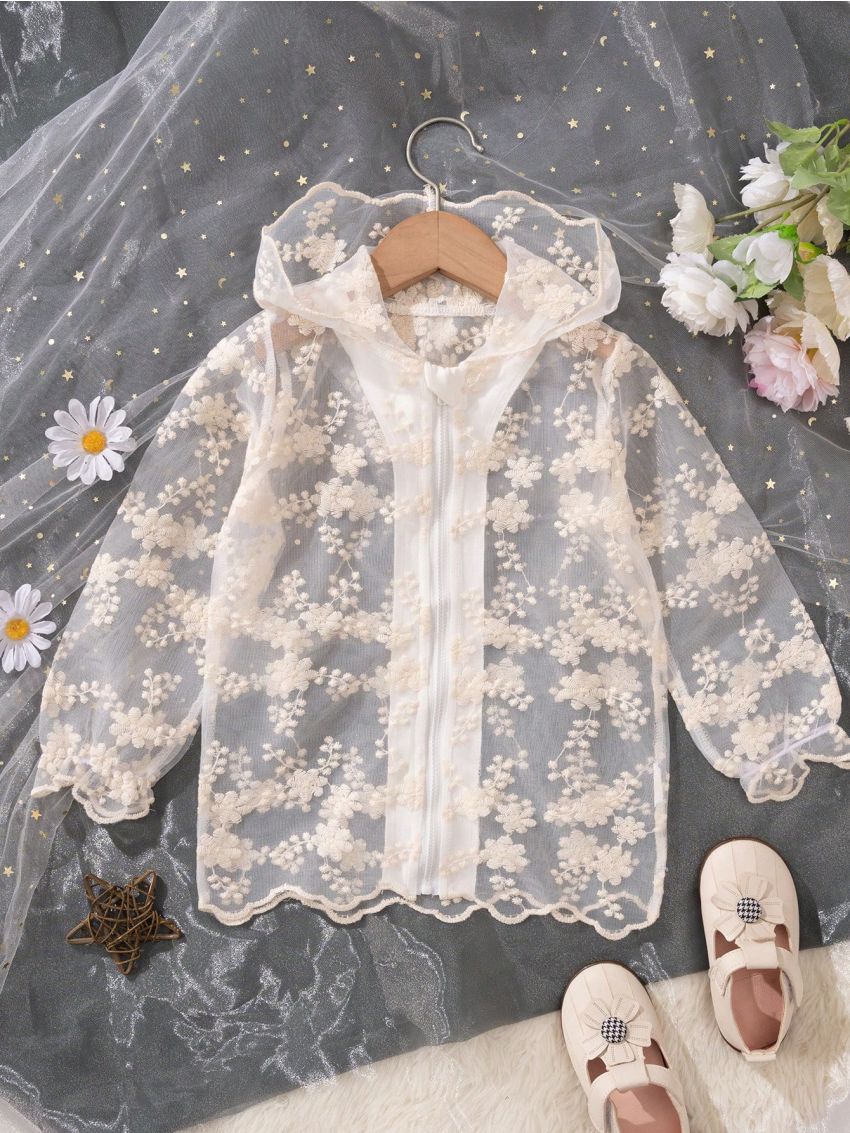 Baby Girl's Elegant And Cute Hooded Jacket With Lace Embroidery