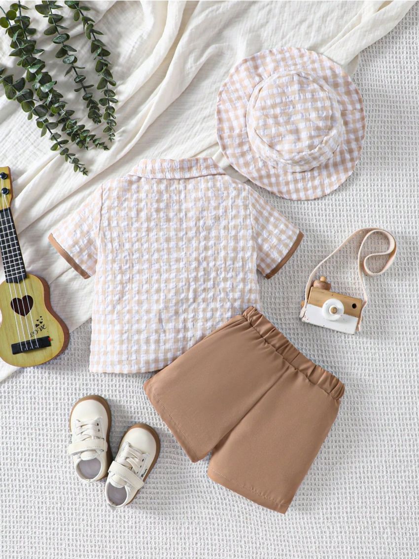 Baby Boy Butterfly Bowtie Gingham Short Sleeve Shirt, Shorts And Hat Outfit Set