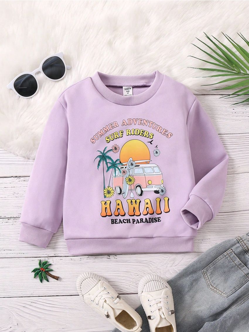 SHEIN Kids SUNSHNE Little Girls' Casual Vacation Style Slogan & Palm Tree Printed Round Neck Long Sleeve Sweatshirt For Autumn