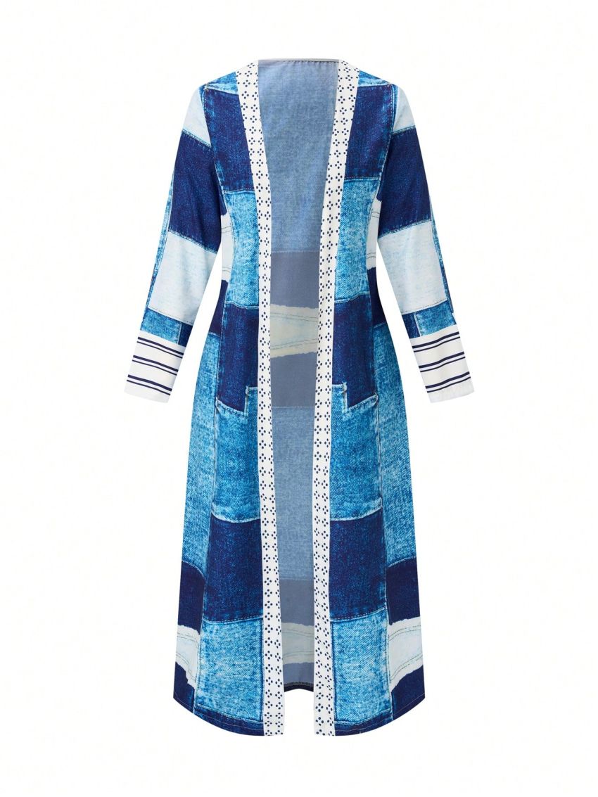 Women's Plus Size Patchwork Printed Open Front Coat