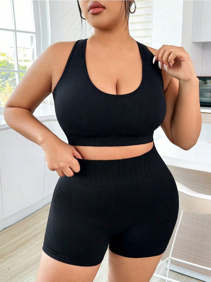 Street Sport Women'S Plus Size Solid Color Back Letter Printed Sportswear Set