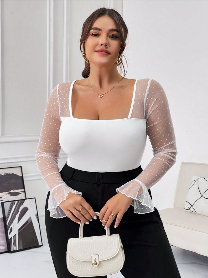 SHEIN Privé Plus Size Mesh Patchwork Ruffle Sleeve Bodysuit