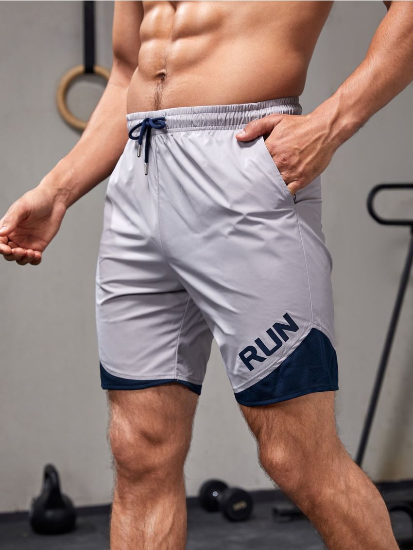 Men Letter Graphic Colorblock 2 In 1 Drawstring Sports Shorts