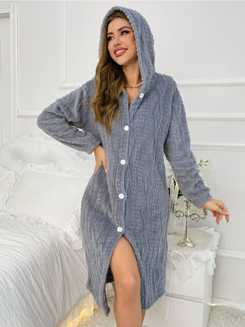 Button Through Flannel Lounge Robe