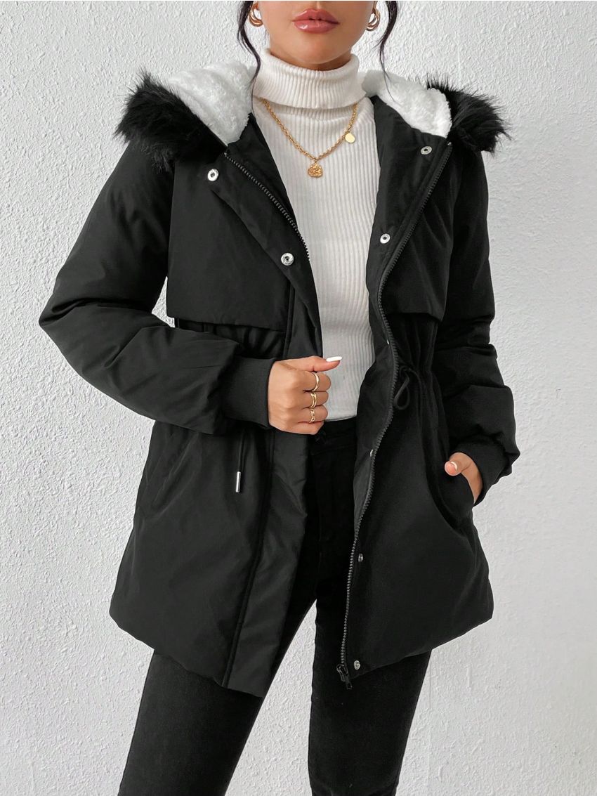 SHEIN Frenchy Women's Black Zipper & Button Closure Mid-length Padded Coat