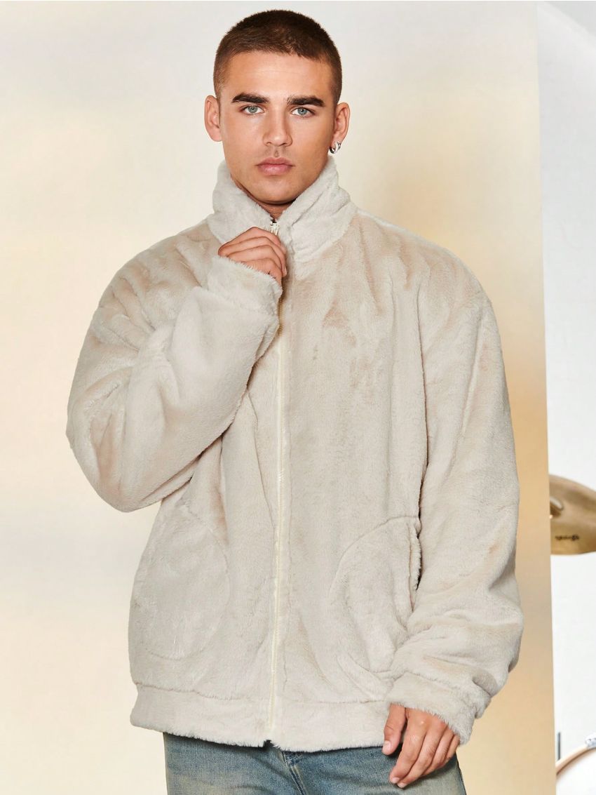 SHEIN Men Slant Pocket Fluffy Jacket