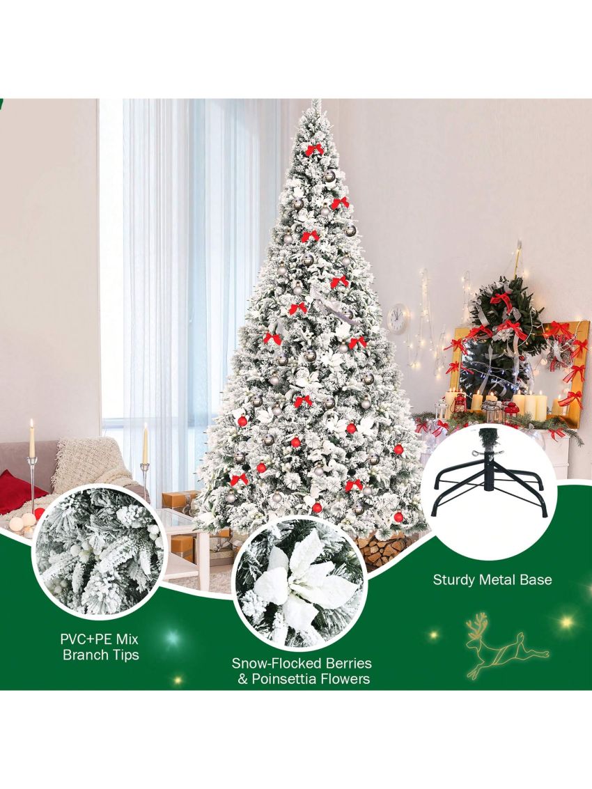 Costway 8ft Snow Flocked Hinged Christmas Tree w/ Berries & Poinsettia Flowers