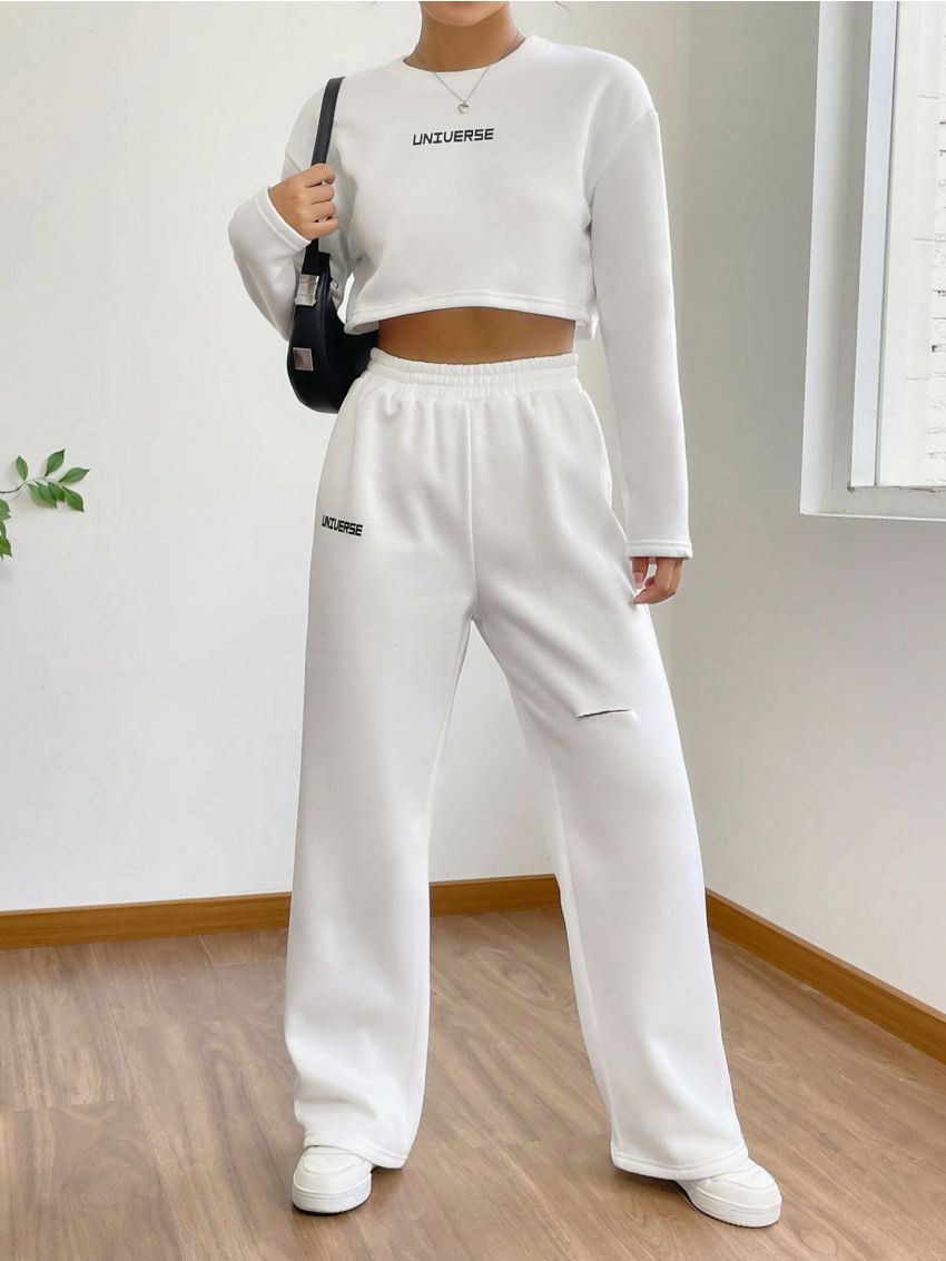 SHEIN EZwear Letter Graphic Drop Shoulder Crop Tee & Ripped Wide Leg Pants