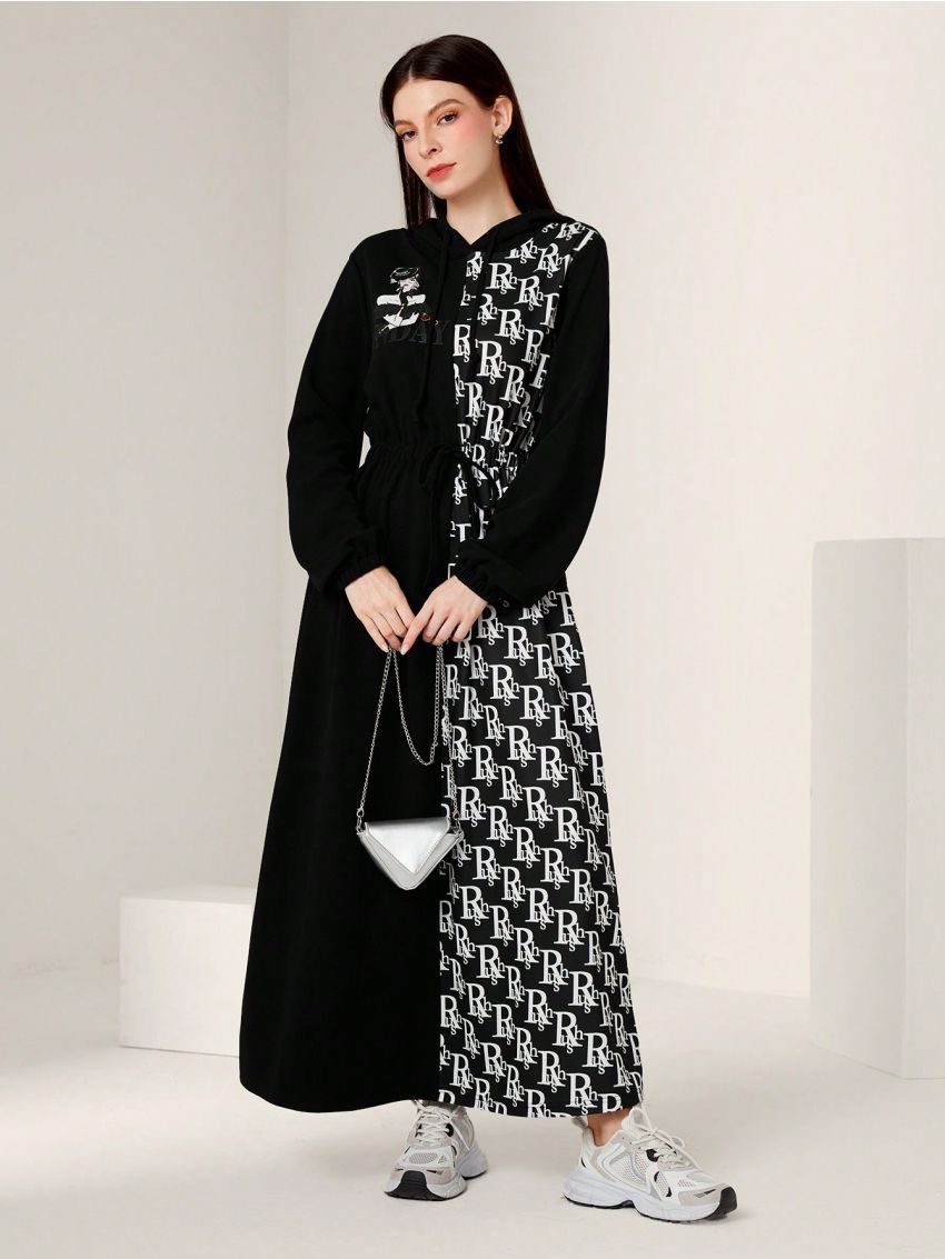 SHEIN Mulvari Women's Hooded Drawstring Letter Printed Sweatshirt Dress