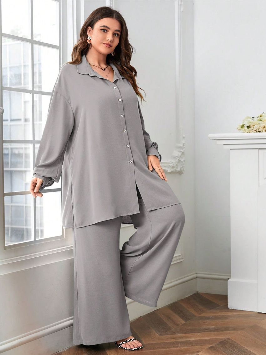 SHEIN LUNE Plus Drop Shoulder Shirt & Wide Leg Pants