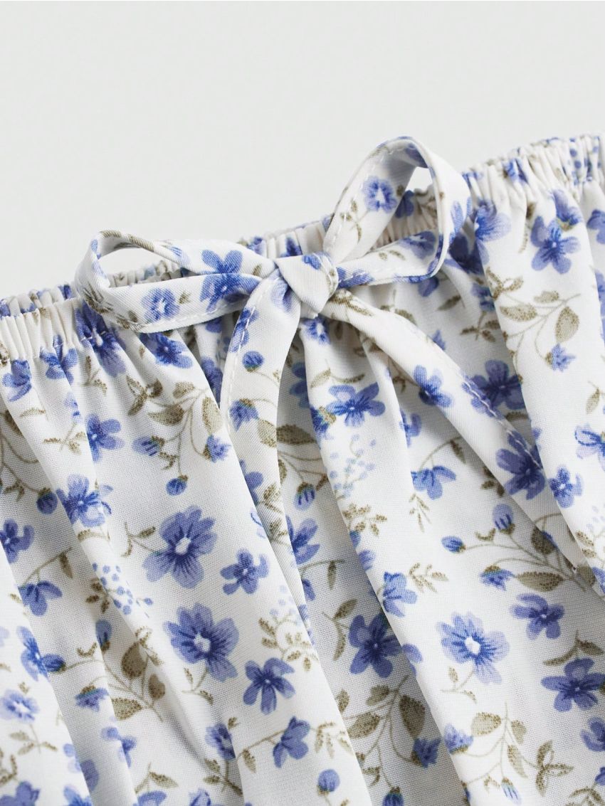 SHEIN Teen Girls' Woven Floral Square Collar Shirred Long Sleeve Blouse