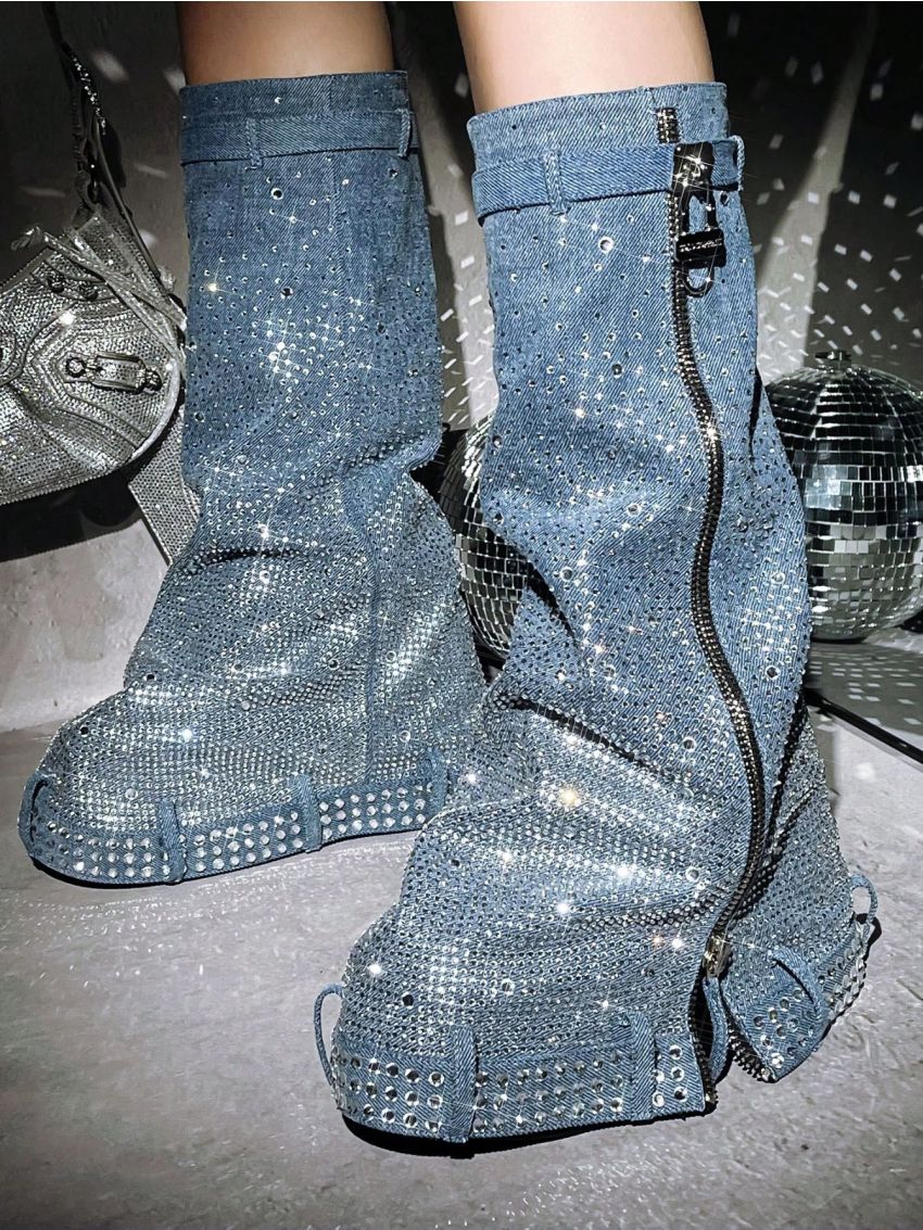 Kastel Denim Rhinestone Rainbow Platform Boots