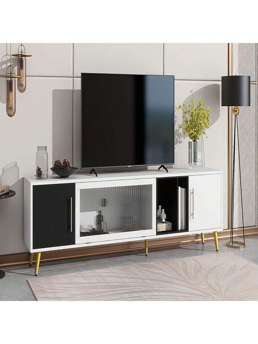 OSQI ON-Trend Stylish TV Stand with Golden Metal Handles&Legs, Two-Tone Media Console for TVs Up to 80