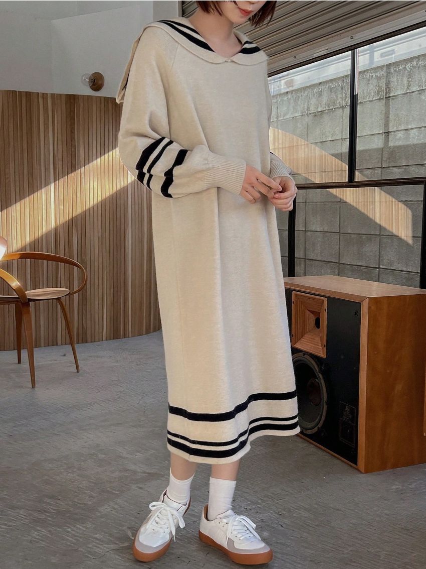 FRIFUL Women's Contrast Trim Crew Neck Sweater Dress