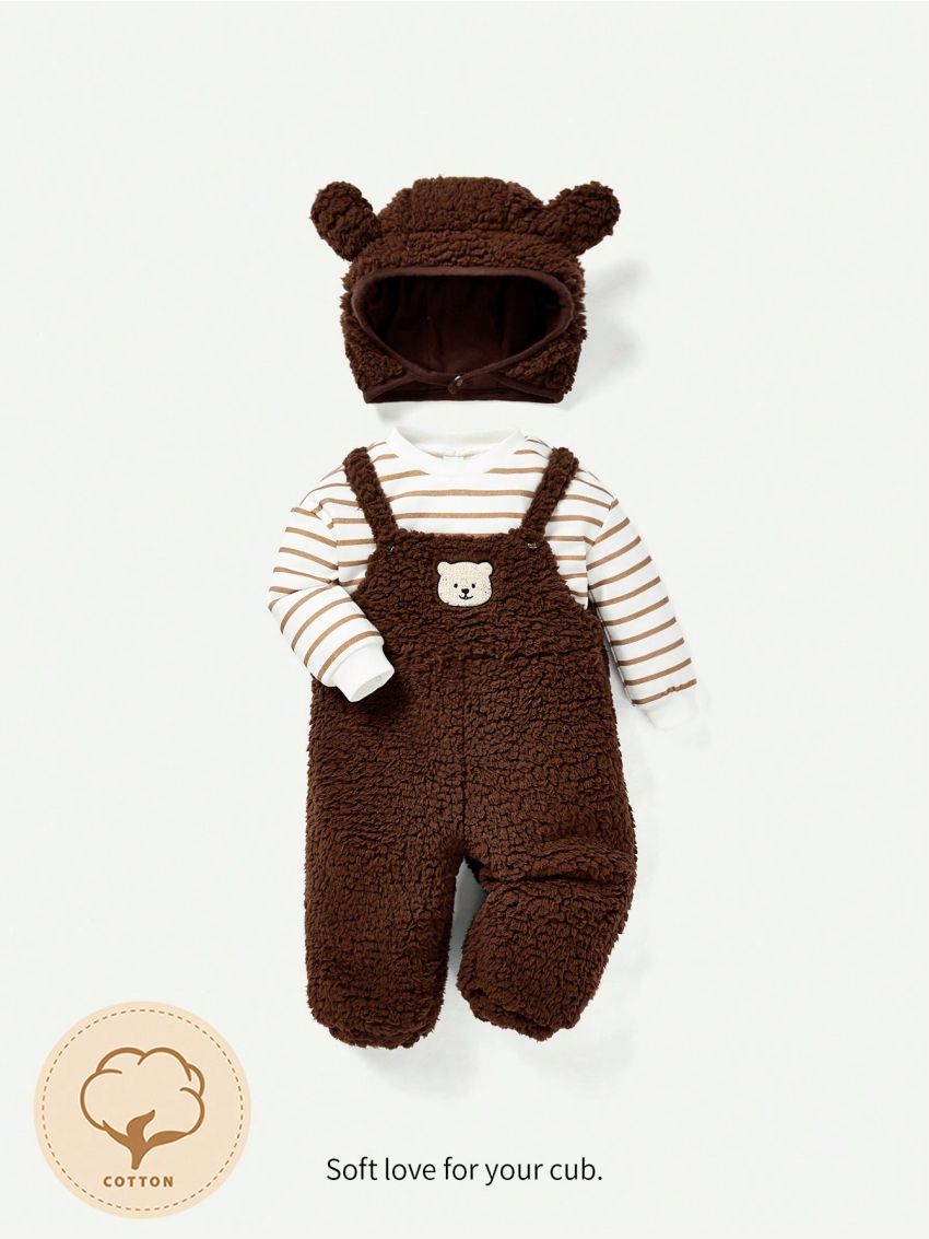 Cozy Cub Baby Boy Striped Tee & Cartoon Graphic Overall Jumpsuit & Hat