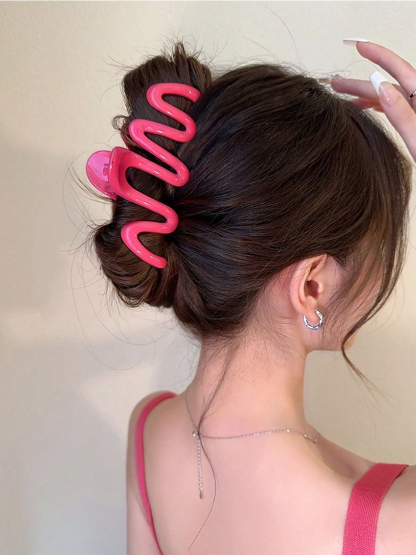 1pc Large Peach Pink Hair Clamp With 13cm Long Teeth For Thick Hair, Wave Design, Bun Clip Shark Clip Hair Accessory