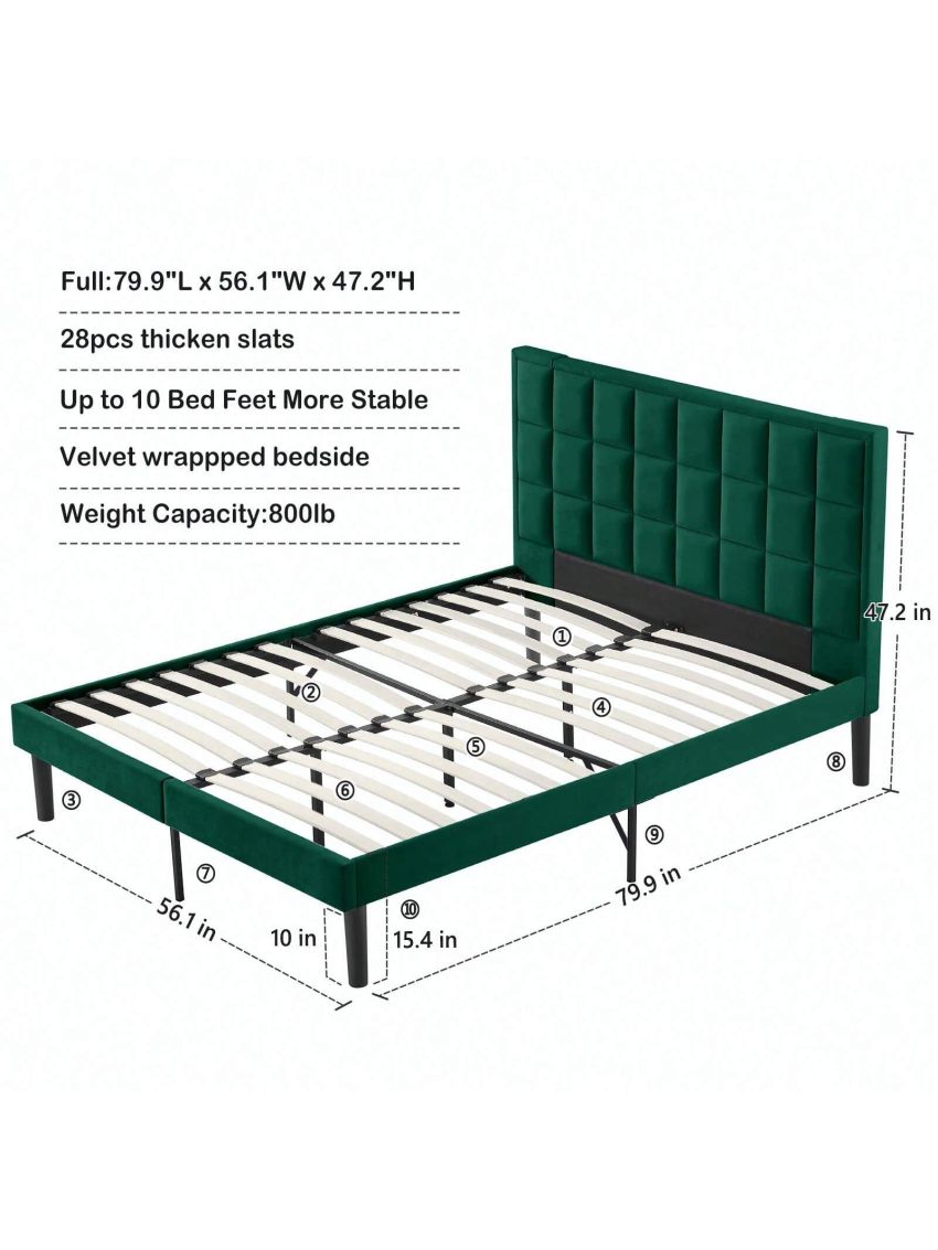 Flolinda Full Size Bed Frame Velvet Upholstered Full Bed Frame with Higher Comfortable Headboard Platform Bed Frame Full Mattress Foundation No Box Spring Needed/Easy Assembly Green