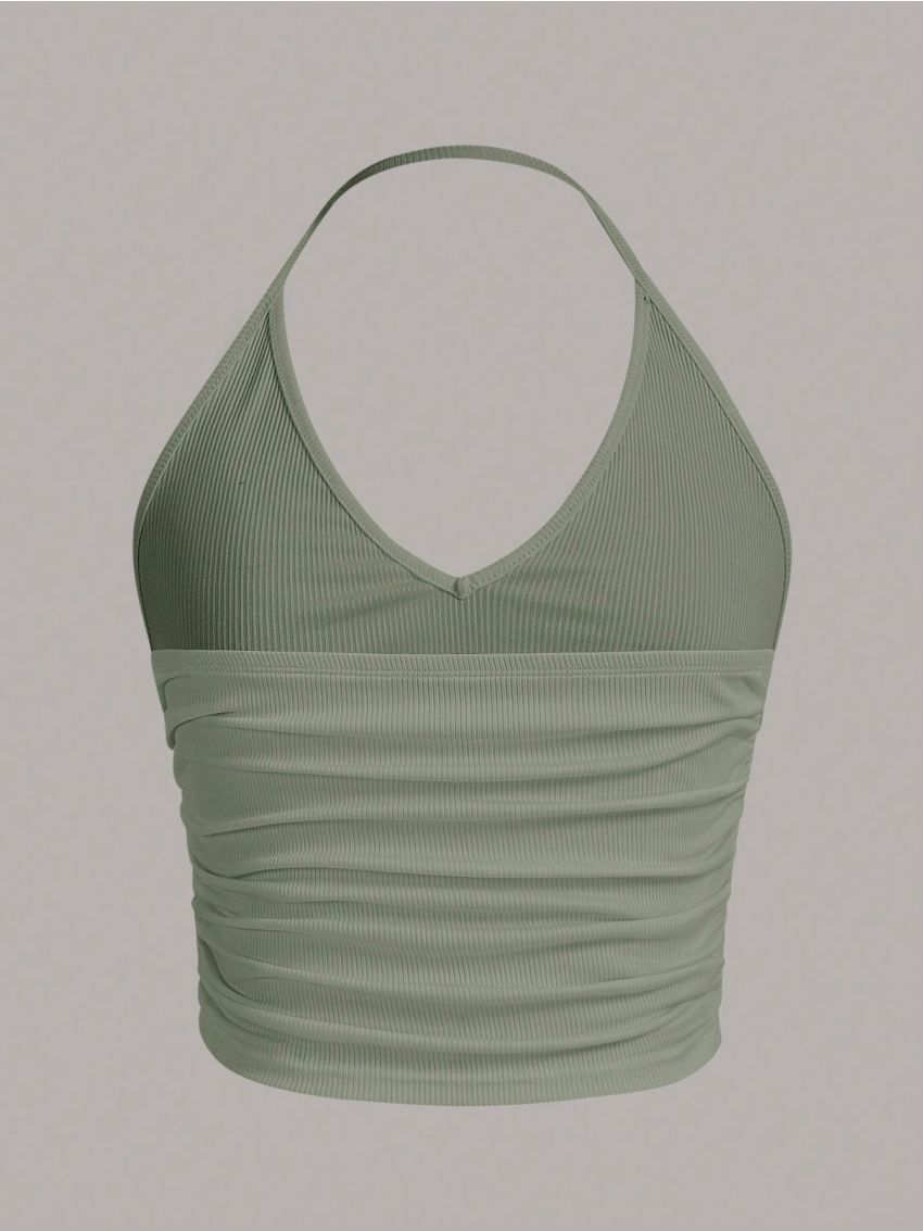 SHEIN EZwear Solid Ruched Halter Top
