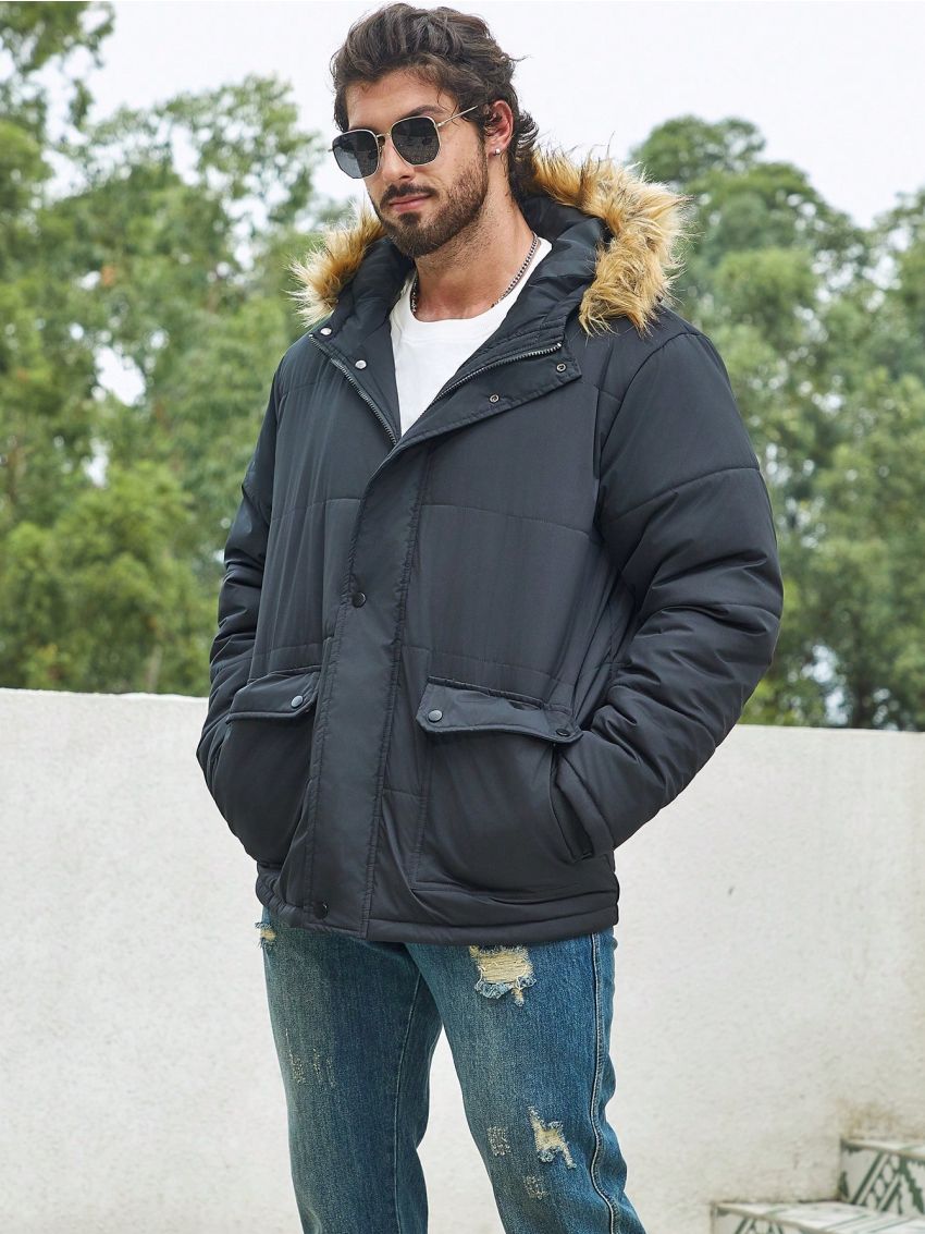 Men Plus Flap Pocket Fuzzy Trim Hooded Winter Coat