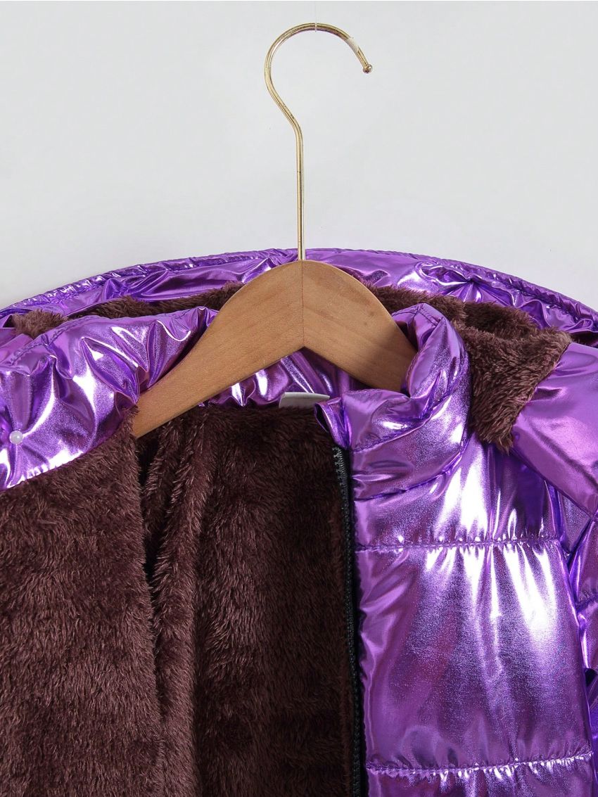 Girls' Casual Thickened Hooded Jacket With Windproof & Warm Fleece Lining, Laser Fabric, Winter