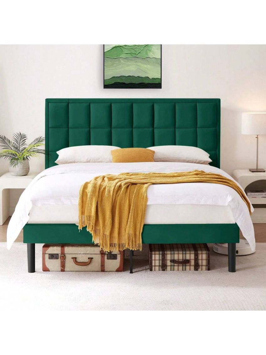 Flolinda Full Size Bed Frame Velvet Upholstered Full Bed Frame with Higher Comfortable Headboard Platform Bed Frame Full Mattress Foundation No Box Spring Needed/Easy Assembly Green