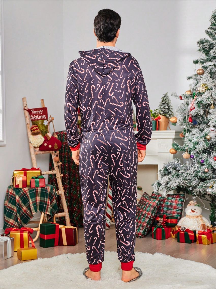 Men Allover Print Zip Up Hooded Sleep Jumpsuit