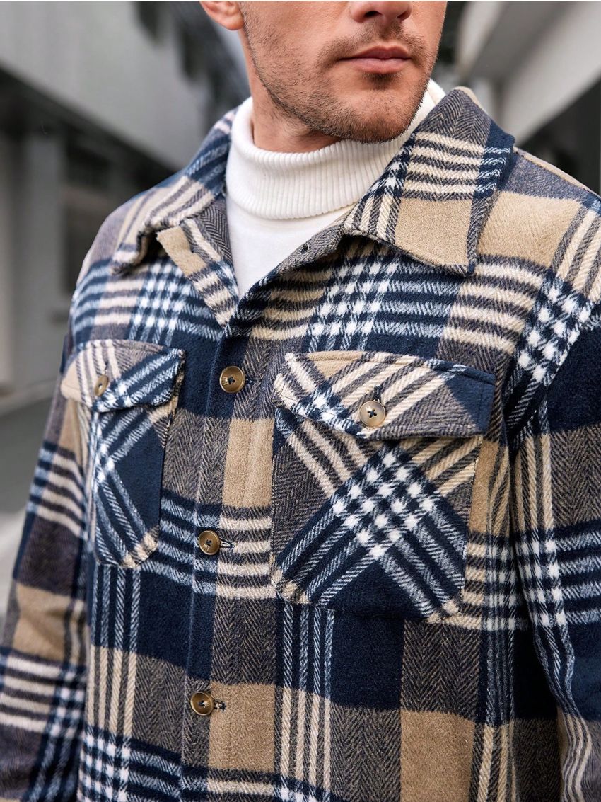 SHEIN Extended Sizes Men's Plus Size Workwear Pocketed Casual Shirt Jacket