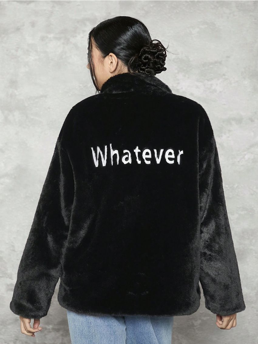 Teen Girl Letter Embroidery Drop Shoulder Teddy Coat