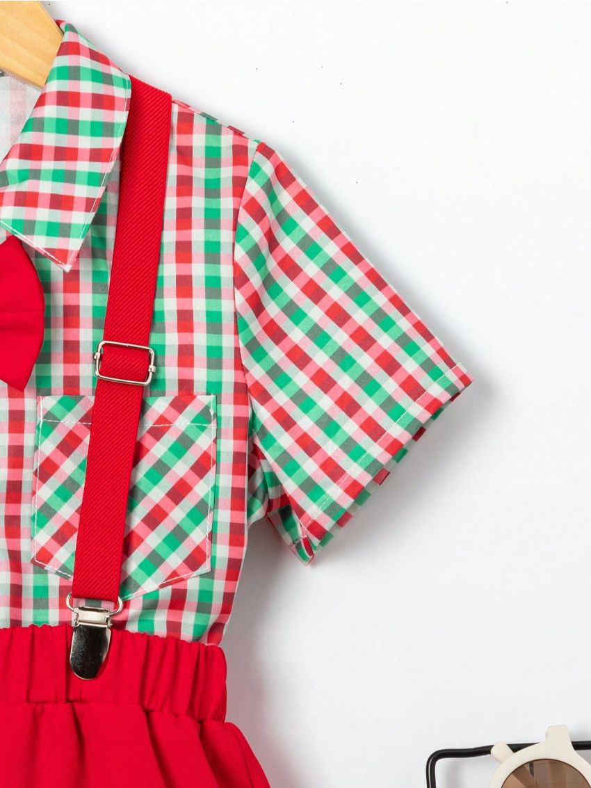 SHEIN Kids FANZEY Young Boy'S Pocket Front Plaid Short Sleeve Shirt And Suspender Shorts Gentleman Outfit Set