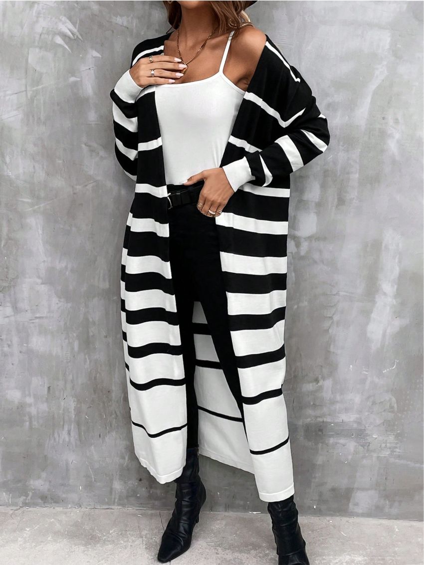 SHEIN LUNE Striped Pattern Drop Shoulder Duster Cardigan