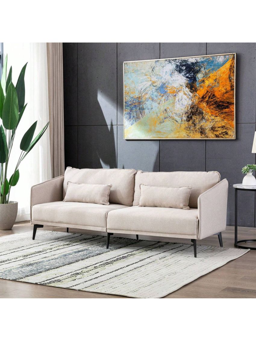 Reception Chair Waiting Room Sofa Guest Chair Draped in Fabric Material, 78'' Conference Room Couch with 2 Pillows Office Couch Metal Frame Base Beauty Equipment Beige