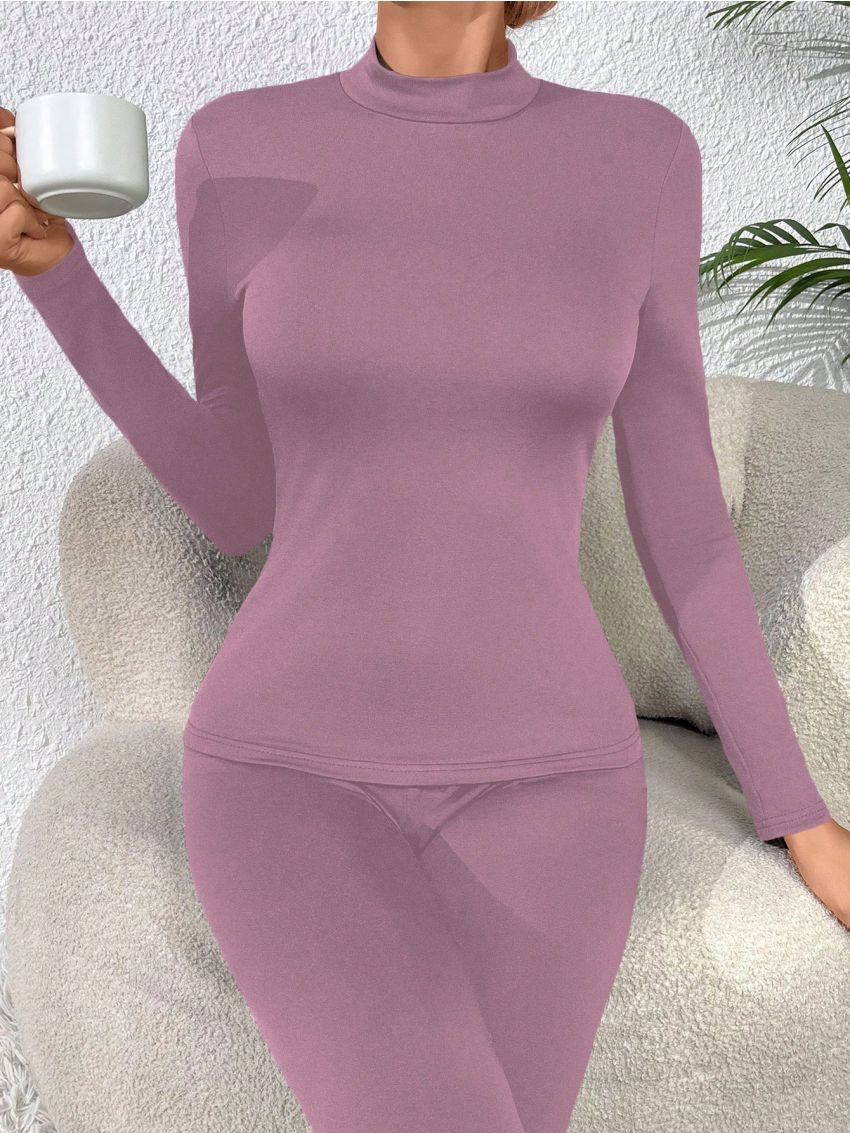 Solid Mock Neck Thermal Underwear Top