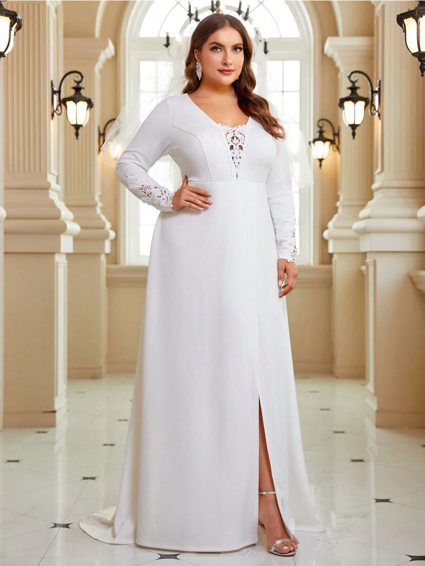 SHEIN Belle Plus Guipure Lace Insert Split Thigh Wedding Dress