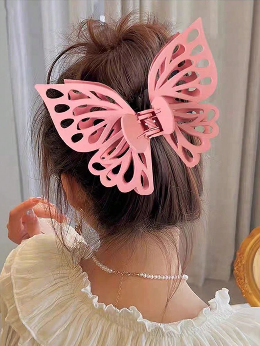 1pc Large Double Layer Hollow Out Butterfly Hair Clip For Women, Shark Style Matte Hair Claw Styling Tool