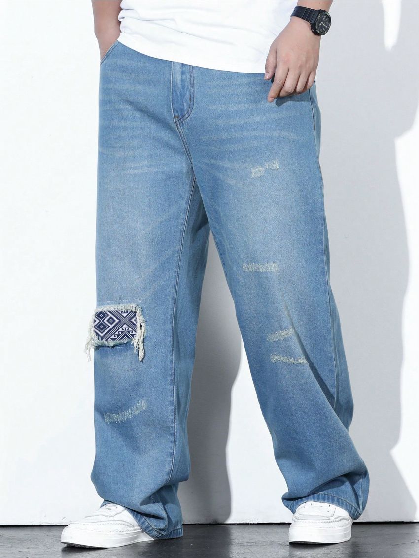 Extended Sizes Men's Plus Size Straight Leg Jeans With Geometric Patchwork Design