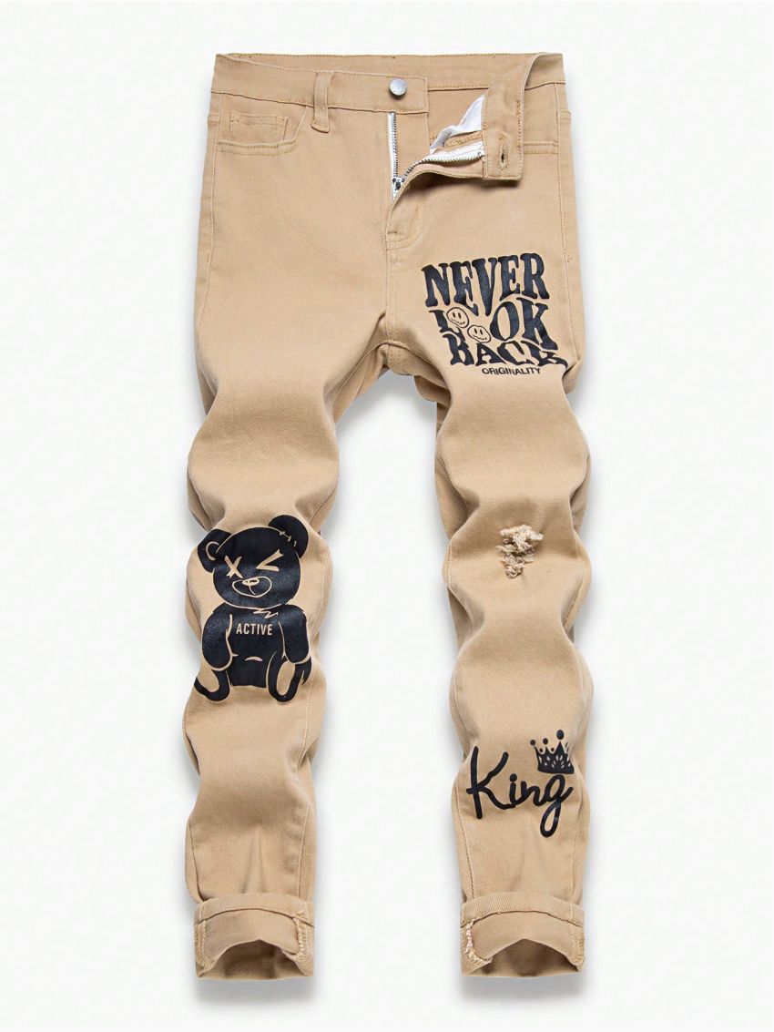 SHEIN Tween Boy Fashionable High Stretch Slim Fit Ripped Jeans, Cute Bear & Letter Print, Water Washed