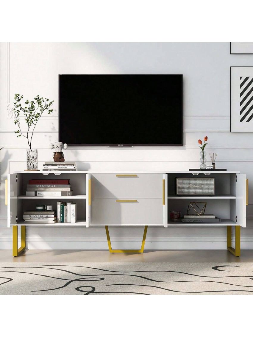 OSQI Modern TV Stand for TVs up to 75 Inches, Storage Cabinet with Drawers and Cabinets, Wood TV Console Table with Metal Legs and Handles for Living Room, White