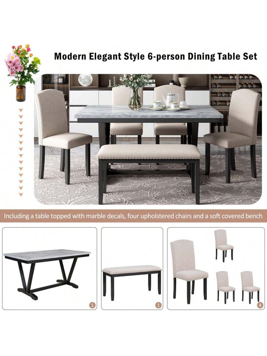 Merax Modern Style 6-piece Dining Table with 4 Chairs & 1 Bench, Table with Marbled Veneers Tabletop and V-shaped Table Legs (White)