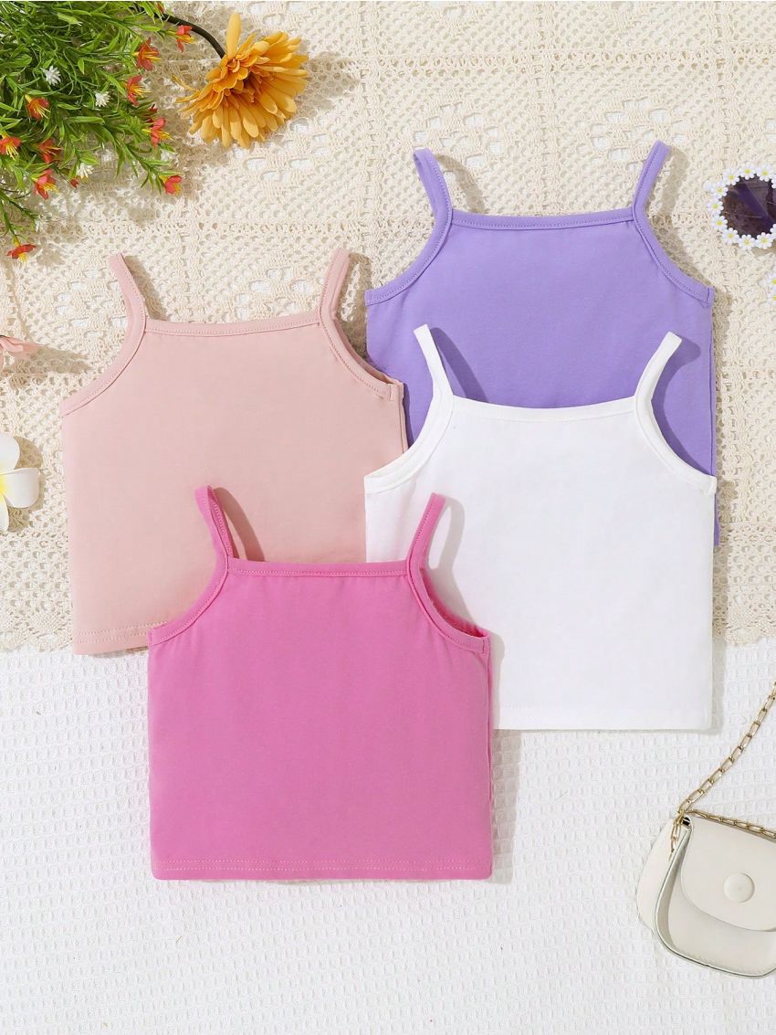 SHEIN Baby Girls' Casual Solid Color Ruffled Crop Top With Straps, 4pcs/Set