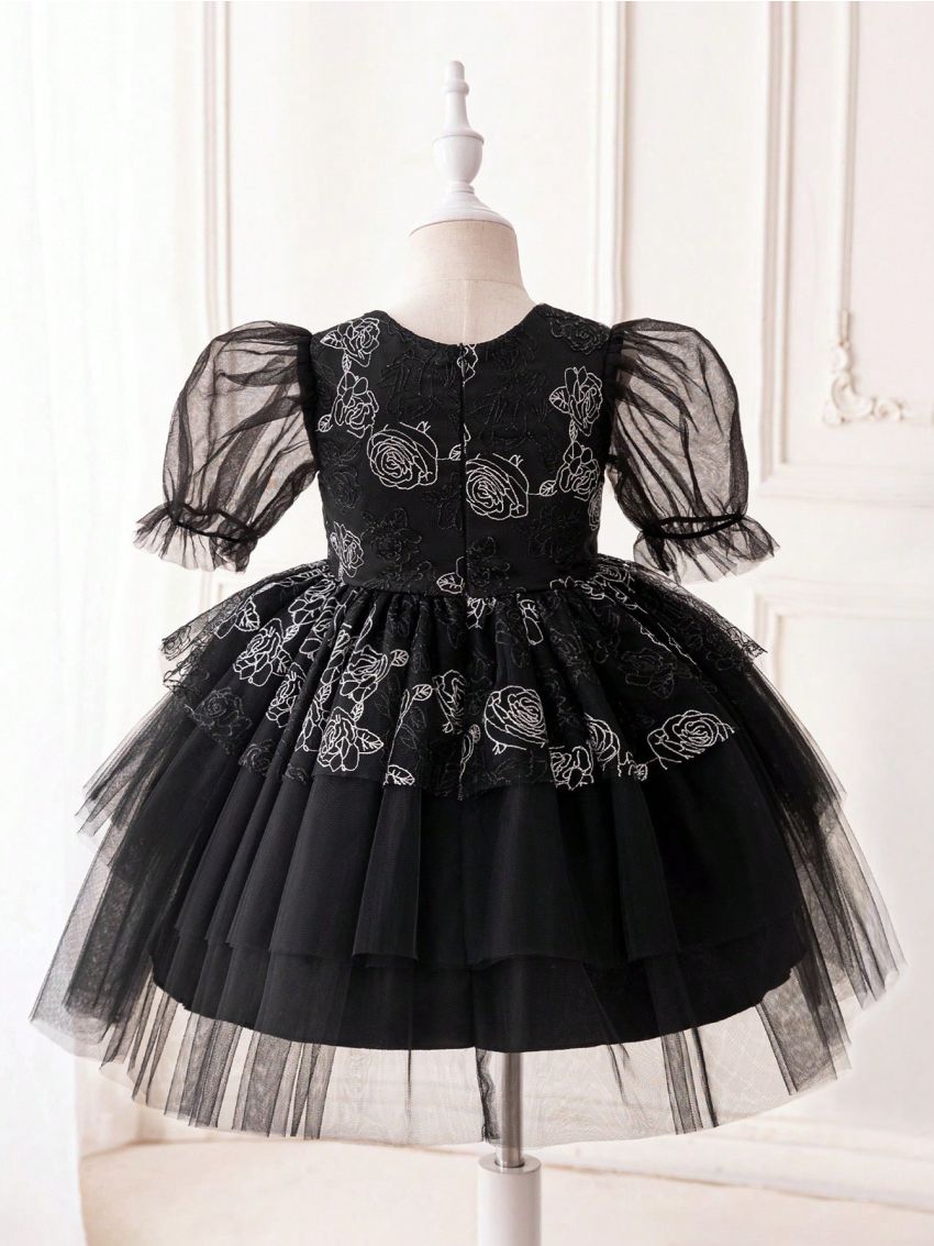Young Girl Bubble Sleeves Tulle Party Dress