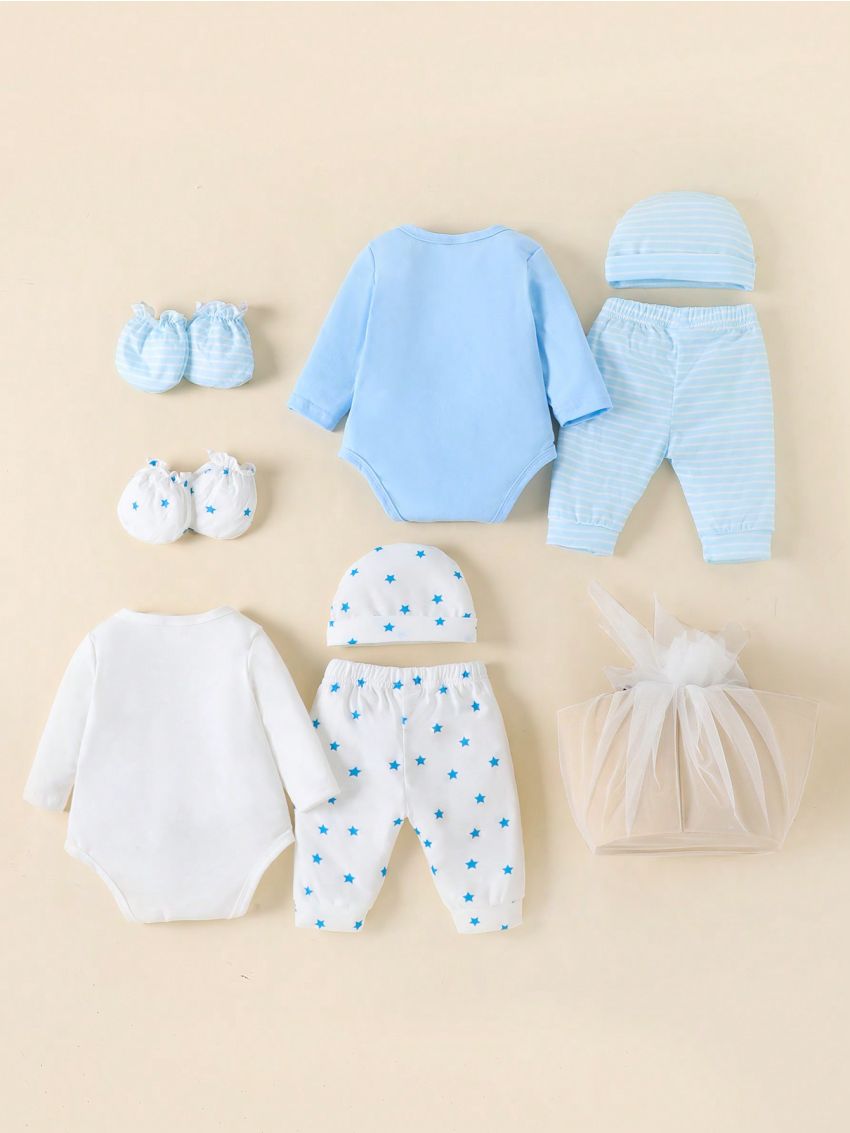 SHEIN Newborn Baby Boy Gift Set With Multiple Items, Including Slogan & Star Printed Bodysuits, In Gift Box