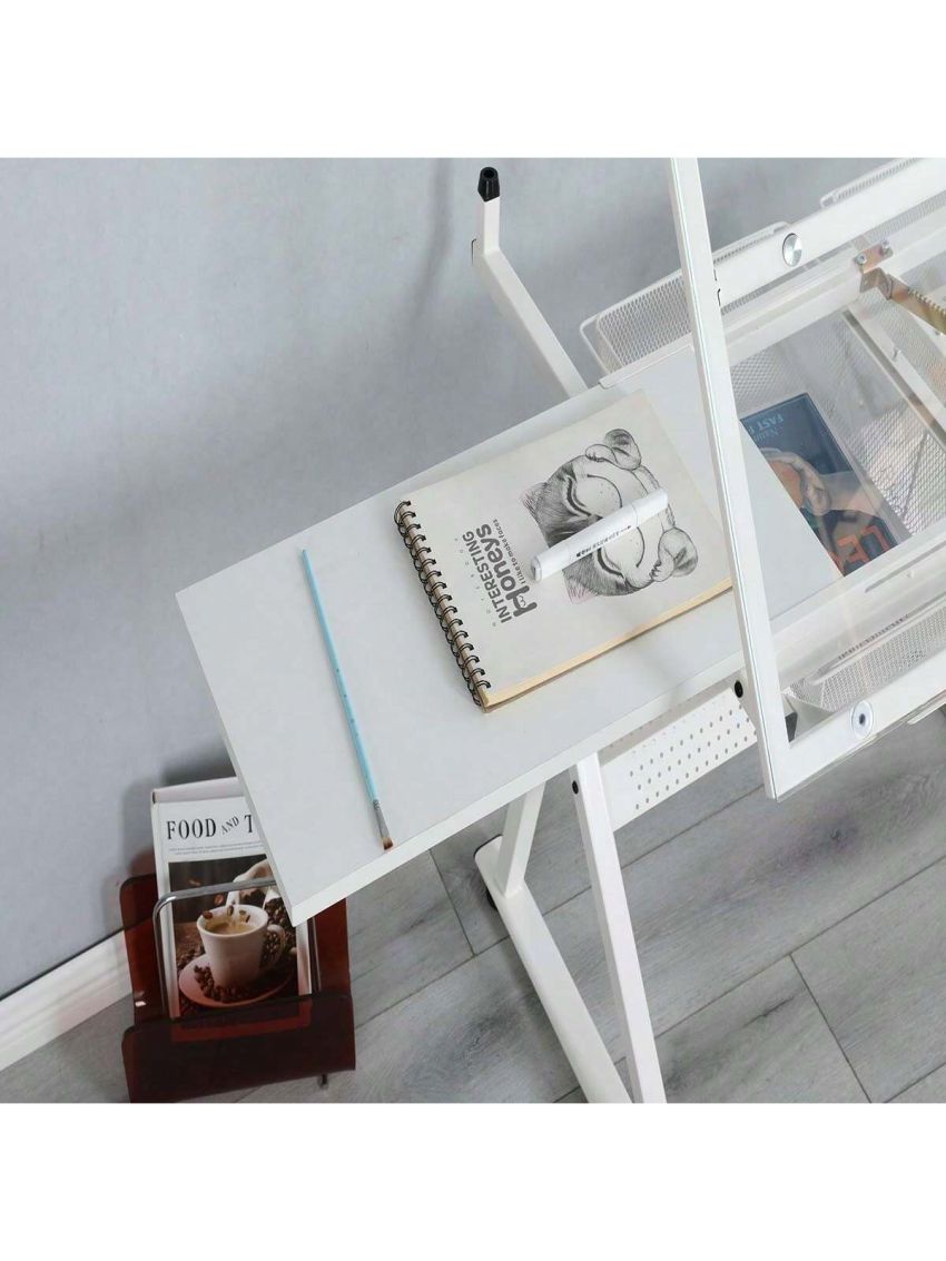 OSQI White Adjustable Tempered Glass Drafting Printing Table with Chair