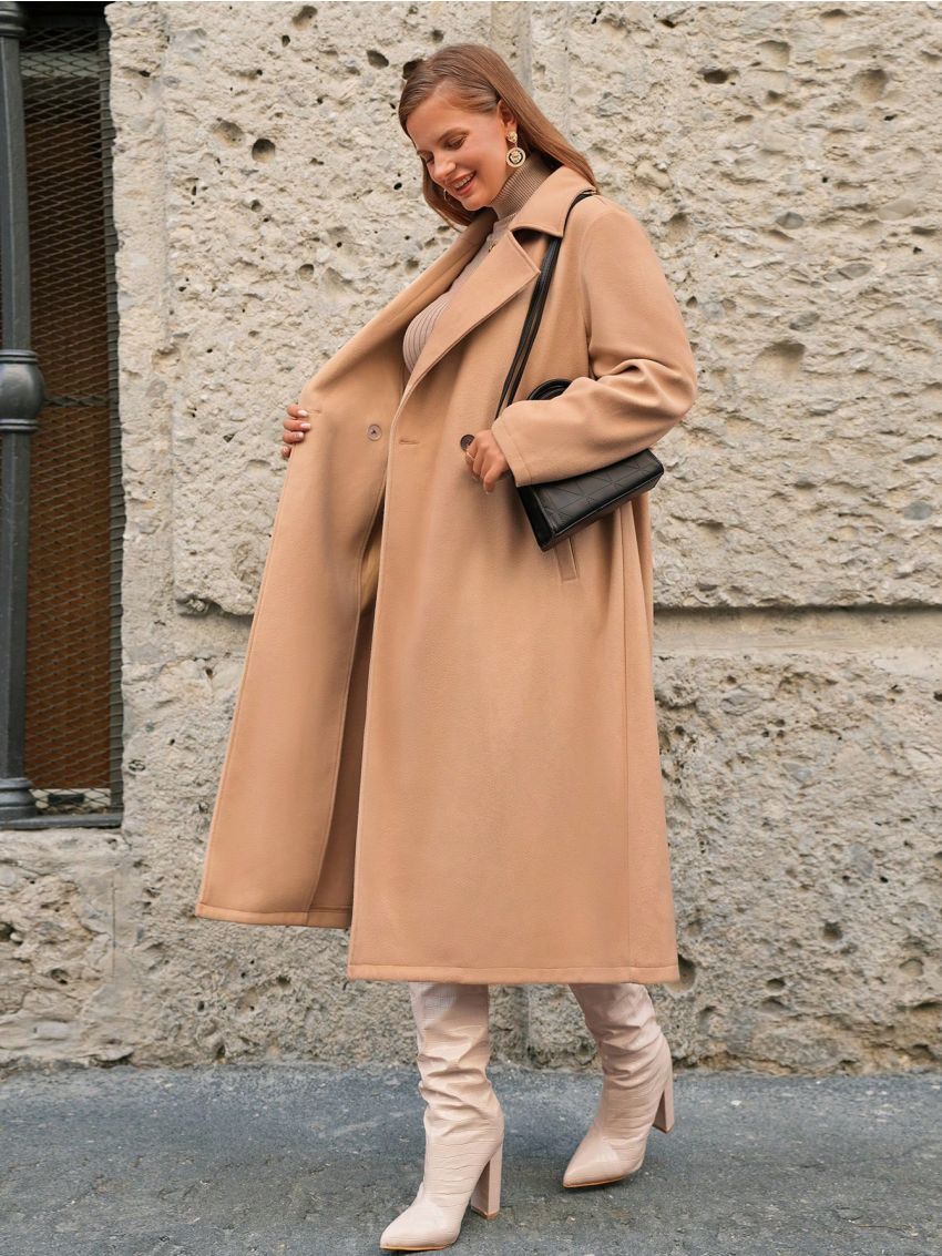 SHEIN Frenchy Plus Lapel Neck Double Breasted Overcoat