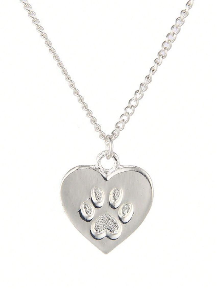 1pc Silver-color Alloy Card Shaped Pendant Necklace With Heart, Cat Paw Print Design - Perfect For Festival Outfit